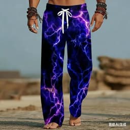 Men's and Women's Beach Pants with Lightning Patterns 3D Printed Wide Leg Elastic Casual Summer Vacation Loose Breathable Pants