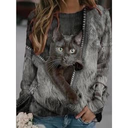 Spring Autumn Fashion T Shirt Zipper Cartoon Cat Printed Casual Loose Shirt Long Sleeve Round Neck Tops for Women Clothing