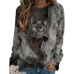 Spring Autumn Fashion T Shirt Zipper Cartoon Cat Printed Casual Loose Shirt Long Sleeve Round Neck Tops for Women Clothing