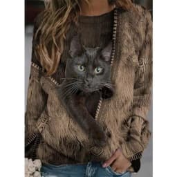 Spring Autumn Fashion T Shirt Zipper Cartoon Cat Printed Casual Loose Shirt Long Sleeve Round Neck Tops for Women Clothing