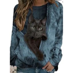 Spring Autumn Fashion T Shirt Zipper Cartoon Cat Printed Casual Loose Shirt Long Sleeve Round Neck Tops for Women Clothing