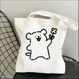 1pc Cartoon White Stick Figure Puppy Canvas Tote Bag Reusable EcoFriendly Shopper Purse Bag Spacious Commute Daily Use Gift