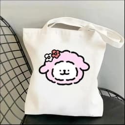 1pc Cartoon White Stick Figure Puppy Canvas Tote Bag Reusable EcoFriendly Shopper Purse Bag Spacious Commute Daily Use Gift