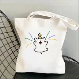 1pc Cartoon White Stick Figure Puppy Canvas Tote Bag Reusable EcoFriendly Shopper Purse Bag Spacious Commute Daily Use Gift
