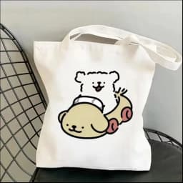 1pc Cartoon White Stick Figure Puppy Canvas Tote Bag Reusable EcoFriendly Shopper Purse Bag Spacious Commute Daily Use Gift