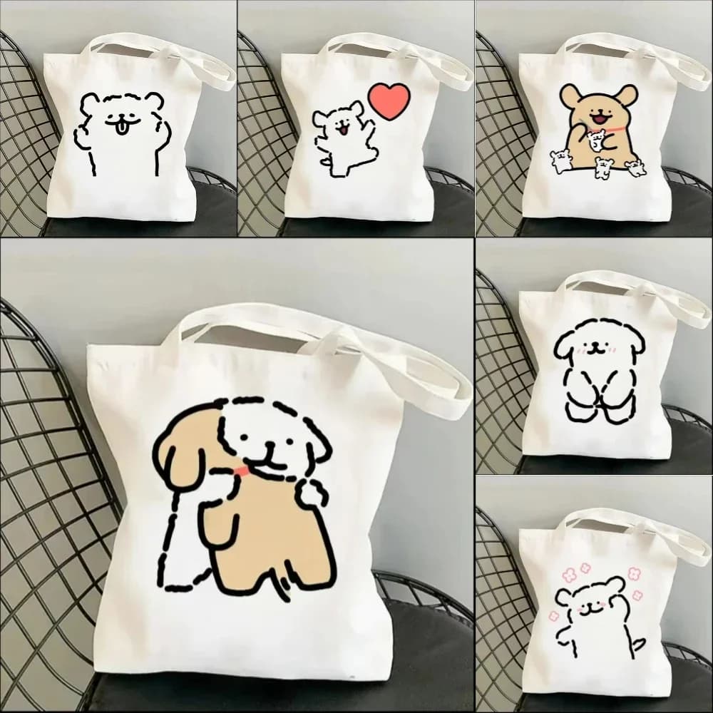 1pc Cartoon White Stick Figure Puppy Canvas Tote Bag Reusable EcoFriendly Shopper Purse Bag Spacious Commute Daily Use Gift