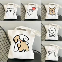 1pc Cartoon White Stick Figure Puppy Canvas Tote Bag Reusable EcoFriendly Shopper Purse Bag Spacious Commute Daily Use Gift