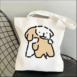 1pc Cartoon White Stick Figure Puppy Canvas Tote Bag Reusable EcoFriendly Shopper Purse Bag Spacious Commute Daily Use Gift