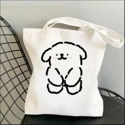 1pc Cartoon White Stick Figure Puppy Canvas Tote Bag Reusable EcoFriendly Shopper Purse Bag Spacious Commute Daily Use Gift