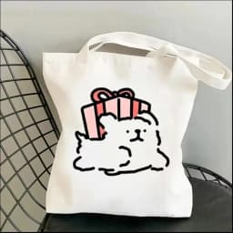 1pc Cartoon White Stick Figure Puppy Canvas Tote Bag Reusable EcoFriendly Shopper Purse Bag Spacious Commute Daily Use Gift