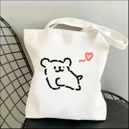 1pc Cartoon White Stick Figure Puppy Canvas Tote Bag Reusable EcoFriendly Shopper Purse Bag Spacious Commute Daily Use Gift