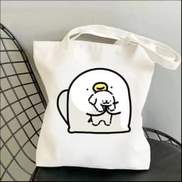 1pc Cartoon White Stick Figure Puppy Canvas Tote Bag Reusable EcoFriendly Shopper Purse Bag Spacious Commute Daily Use Gift
