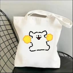 1pc Cartoon White Stick Figure Puppy Canvas Tote Bag Reusable EcoFriendly Shopper Purse Bag Spacious Commute Daily Use Gift