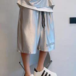 Men Shiny Silver Casual Shorts with Pockets Oversize Elastic Waist American Trendy Sports Pants Glossy Party High Street Bottoms