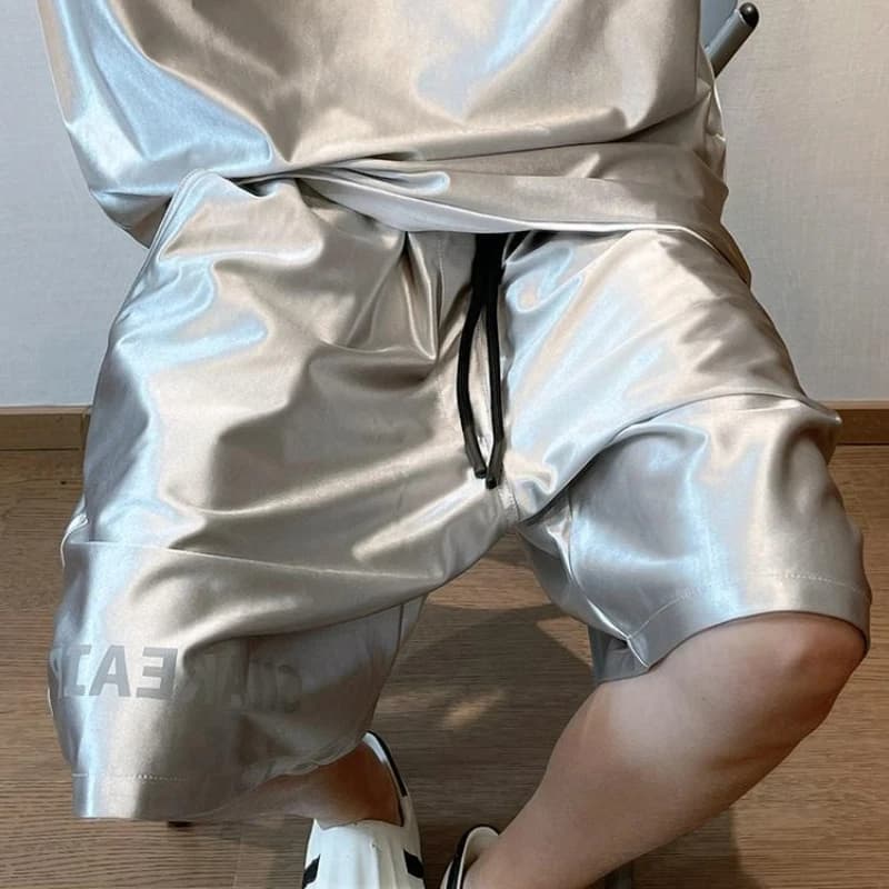 Men Shiny Silver Casual Shorts with Pockets Oversize Elastic Waist American Trendy Sports Pants Glossy Party High Street Bottoms
