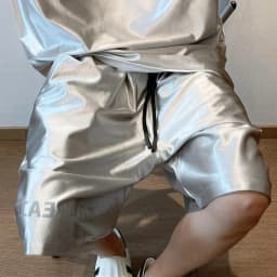 Men Shiny Silver Casual Shorts with Pockets Oversize Elastic Waist American Trendy Sports Pants Glossy Party High Street Bottoms