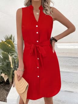 Women's Sleeveless Stand Collar Shirt Dress Button Down Tie Waist Knee Length Casual Summer Dresses Office Lady