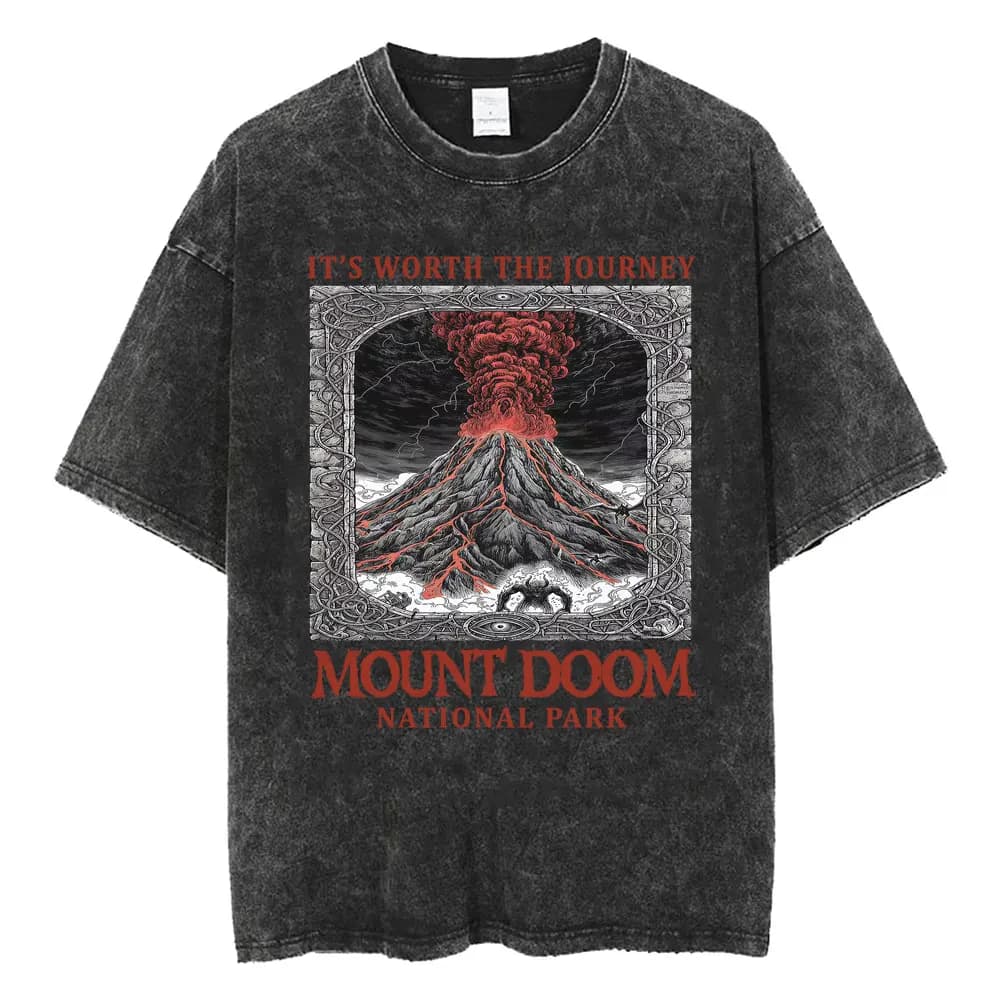 Funny LOTR Mordor Mount Doom National Park Vintage Washed T Shirts Men Women Fashion Japanese Style Oversized T-shirt Streetwear