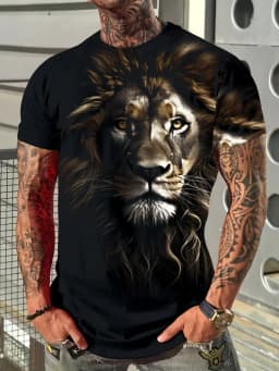 Summer Daily Casual Men's Short-sleeved Top New Outdoor Sports Men's Loose T-shirt Urban Street 3D Lion Print Men's T-shirt
