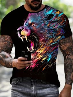 Summer Daily Casual Men's Short-sleeved Top New Outdoor Sports Men's Loose T-shirt Urban Street 3D Lion Print Men's T-shirt