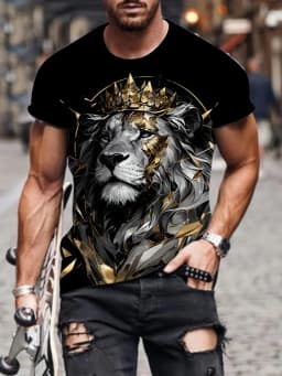 Summer Daily Casual Men's Short-sleeved Top New Outdoor Sports Men's Loose T-shirt Urban Street 3D Lion Print Men's T-shirt