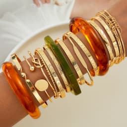 15Pcs Boho Chunky Resin Bangle Bracelet Set for Women Fashion Gold Color Acrylic Stackable Wristband Trendy Cuff Jewelry Gifts