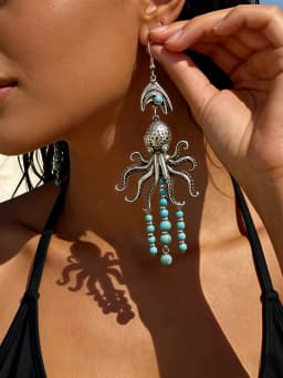 Women's Beach Vacation Ocean Life Earrings European Style Octopus + Bead Pendant Unique Long Drop Earrings