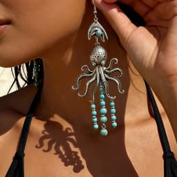 Women's Beach Vacation Ocean Life Earrings European Style Octopus + Bead Pendant Unique Long Drop Earrings