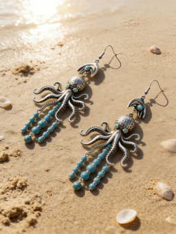 Women's Beach Vacation Ocean Life Earrings European Style Octopus + Bead Pendant Unique Long Drop Earrings