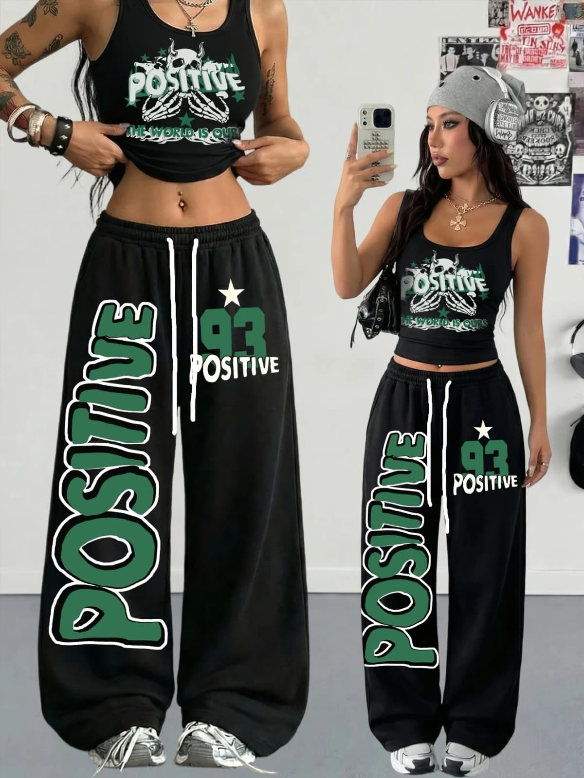 2026 Summer Kids Girls Soft Loose Fit Quick Dry Pants Black Green Positive Skeleton Print Breathable Pants Set for Street Style