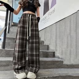 Teenage Girls Plaid Pants Spring Autumn Casual Loose Straight Drawstring Child Fashion Sweatpants for Kids