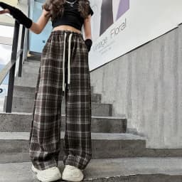 Teenage Girls Plaid Pants Spring Autumn Casual Loose Straight Drawstring Child Fashion Sweatpants for Kids