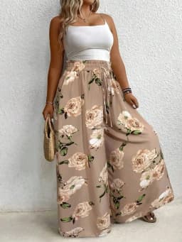 Elegant plus Size Printed Wide Leg Pants for Women Loose Fit Imitation Drawstring Waist Belt Non-Elastic Fabric