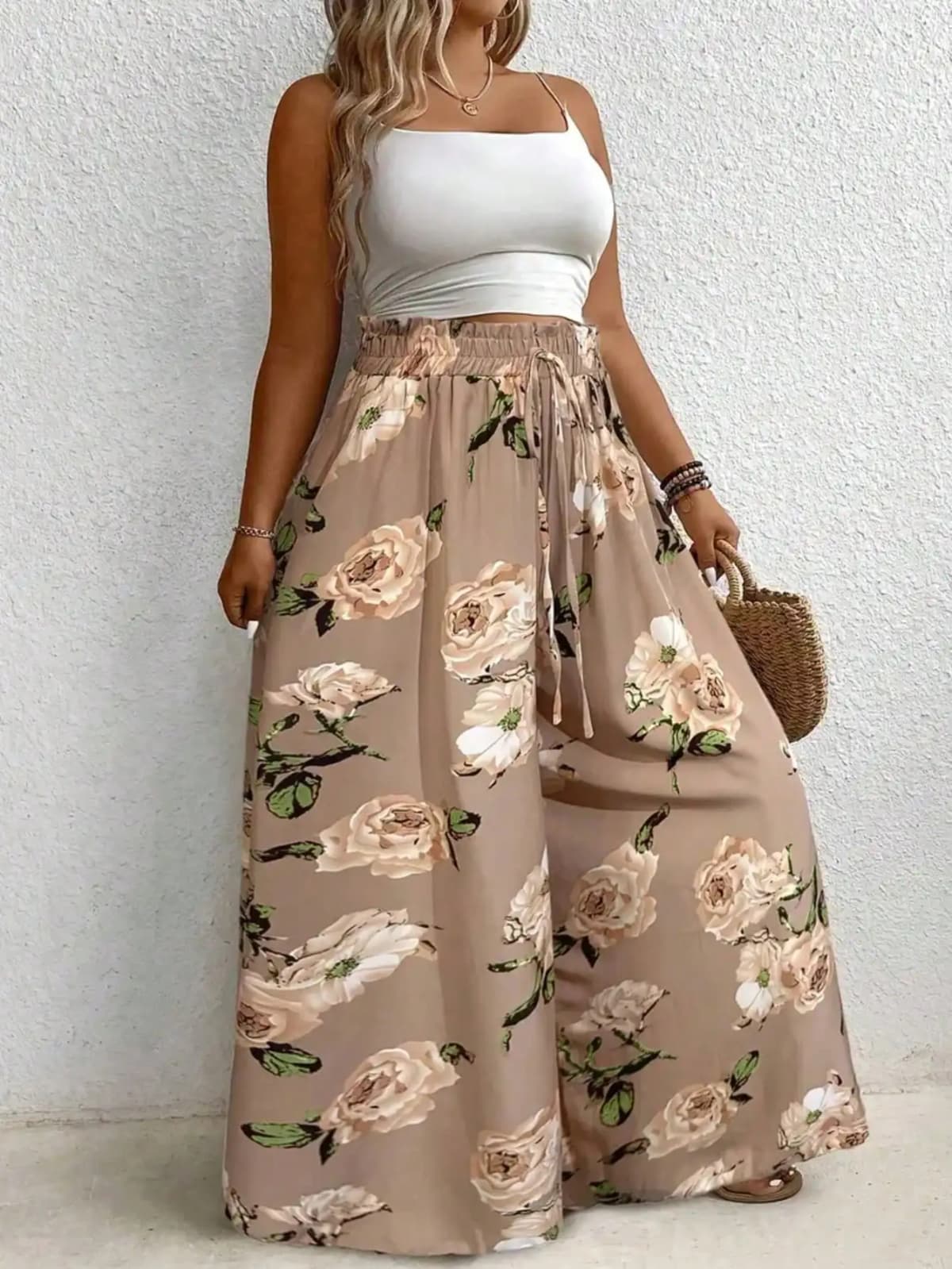 Elegant plus Size Printed Wide Leg Pants for Women Loose Fit Imitation Drawstring Waist Belt Non-Elastic Fabric