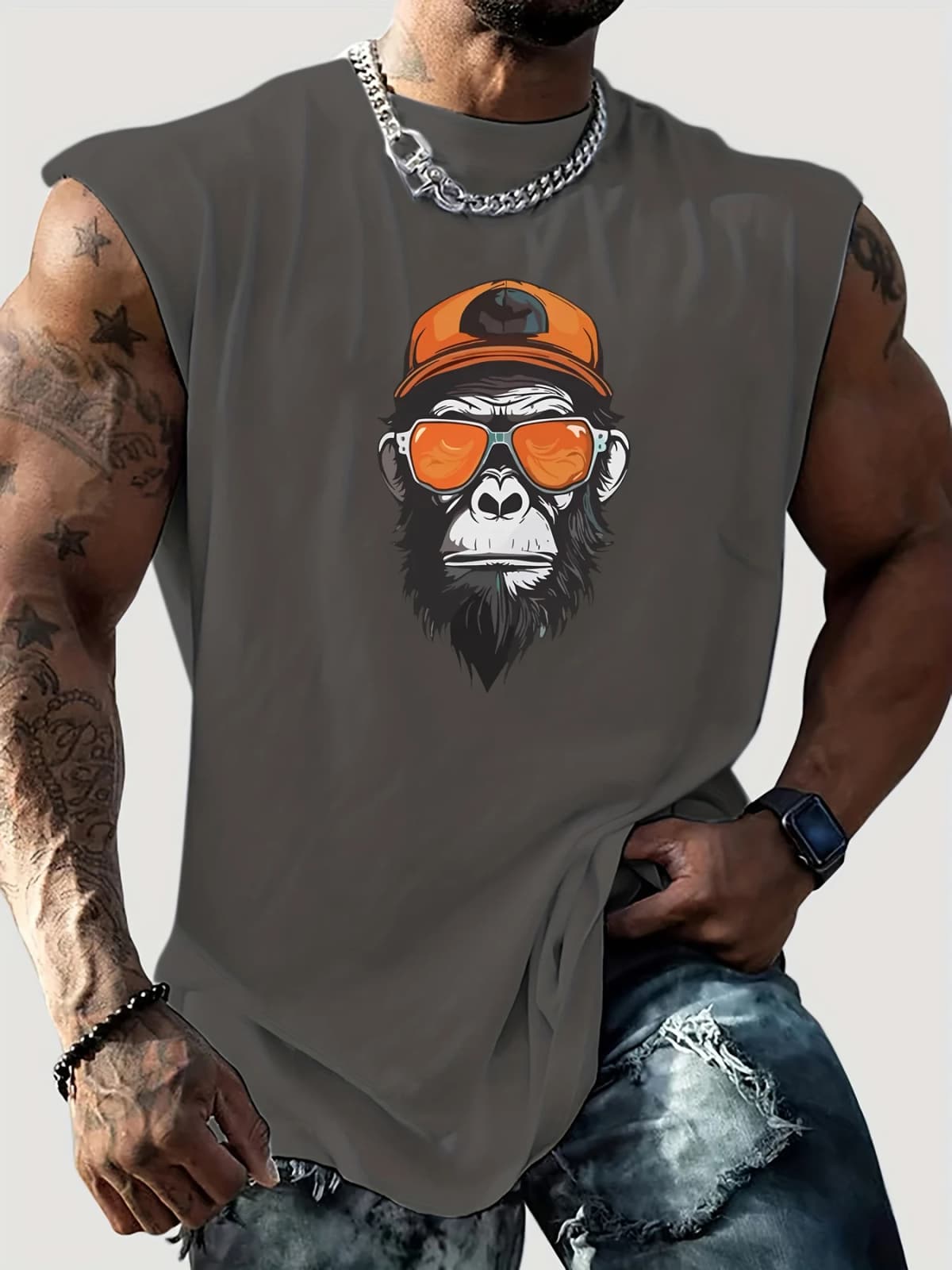 100% Pure Cotton Men's Summer Fashionable Casual Sports Loose Personality Pattern Printed Breathable Round Neck Sleeveless Vest