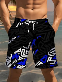 Summer Men's Stylish Print Casual Shorts 3D Geometric Patterns Lightweight Comfortable Drawstring Surfing Swimming Men Clothing