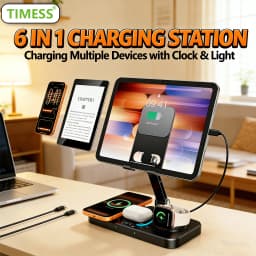 TIMESS 6 in 1 Charging Station Charger For IPhone17 16 15 with Clock & Light 15W Fast Foldable Wired Charging Stand for IPad/Tab