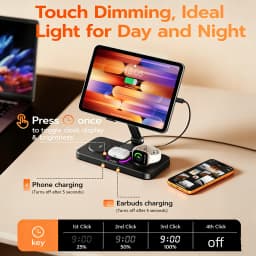 TIMESS 6 in 1 Charging Station Charger For IPhone17 16 15 with Clock & Light 15W Fast Foldable Wired Charging Stand for IPad/Tab