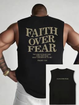 100% Pure Cotton Men's Summer Casual Sports Fitness Loose FAITH OVER FEAR Print Breathable Round Neck Sleeveless Vest