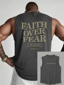 100% Pure Cotton Men's Summer Casual Sports Fitness Loose FAITH OVER FEAR Print Breathable Round Neck Sleeveless Vest