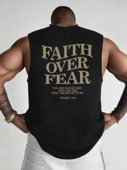 100% Pure Cotton Men's Summer Casual Sports Fitness Loose FAITH OVER FEAR Print Breathable Round Neck Sleeveless Vest