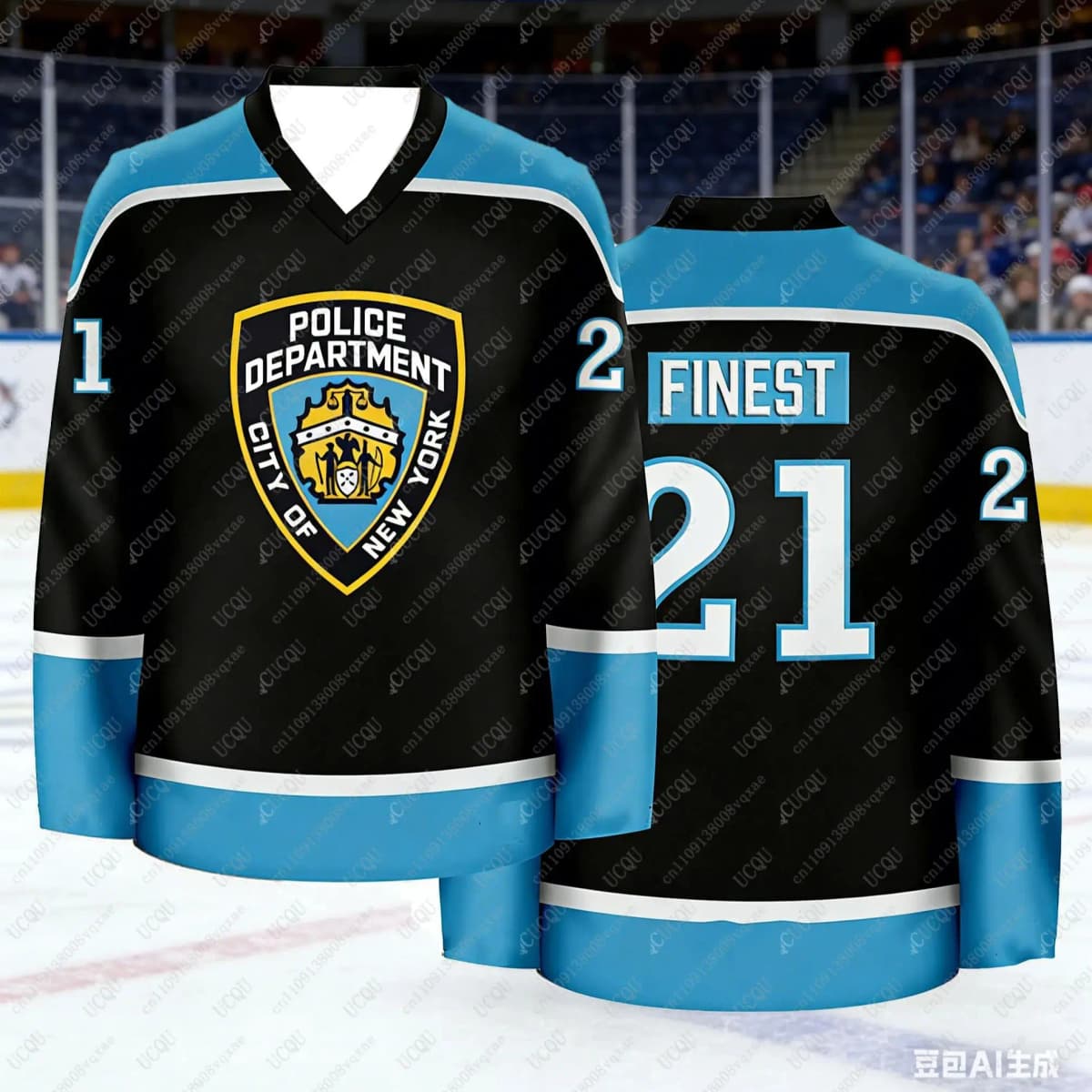 NYPD New York Police Department Ice Hockey Jersey, Finest 21 Number Print V-Neck Long Sleeve Sport Shirt Men's Casual Streetwear