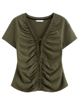 DUSHU Layered Wooden Collar T-Shirt with Pleated Straps and Waist-Defining Detail 2026 Summer New Arrival Style for Slimming Fit