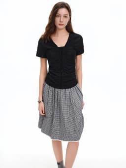 DUSHU Layered Wooden Collar T-Shirt with Pleated Straps and Waist-Defining Detail 2026 Summer New Arrival Style for Slimming Fit