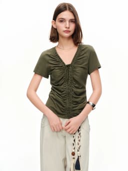 DUSHU Layered Wooden Collar T-Shirt with Pleated Straps and Waist-Defining Detail 2026 Summer New Arrival Style for Slimming Fit