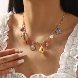 Bohemian Oceanic Style Beaded Multi-Element Pendant Necklace ZA Sun Love Avocado Collarbone Chain