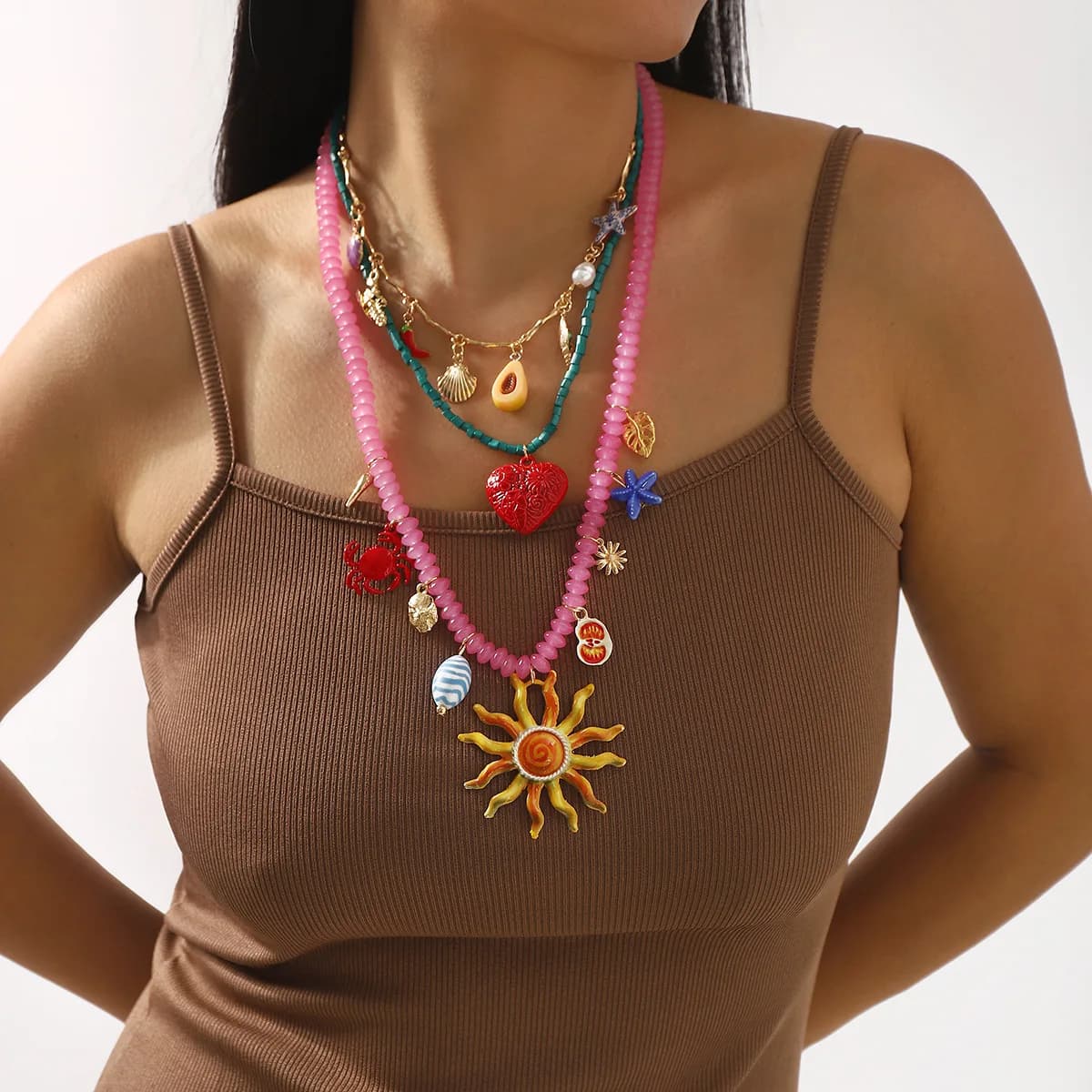 Bohemian Oceanic Style Beaded Multi-Element Pendant Necklace ZA Sun Love Avocado Collarbone Chain