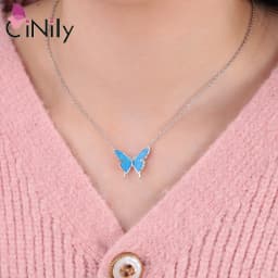 CiNily Delicate Butterfly Shaped Chain Necklace for Women with Created Multicolor Opal Silver Plated Necklace for Birthday Gifts