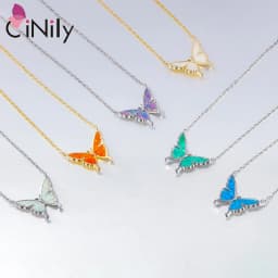 CiNily Delicate Butterfly Shaped Chain Necklace for Women with Created Multicolor Opal Silver Plated Necklace for Birthday Gifts