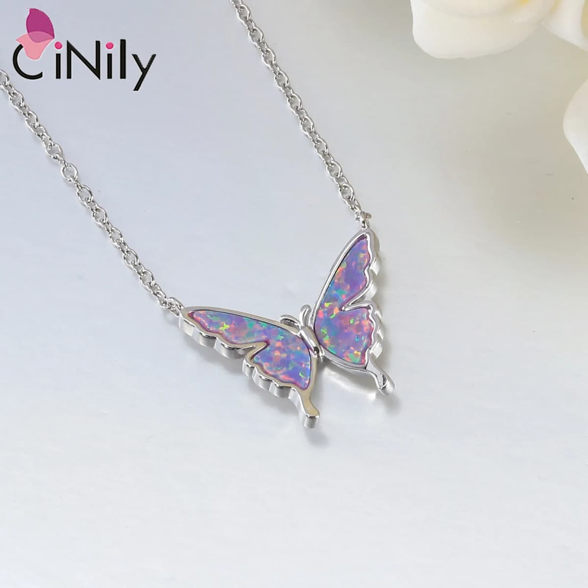CiNily Delicate Butterfly Shaped Chain Necklace for Women with Created Multicolor Opal Silver Plated Necklace for Birthday Gifts